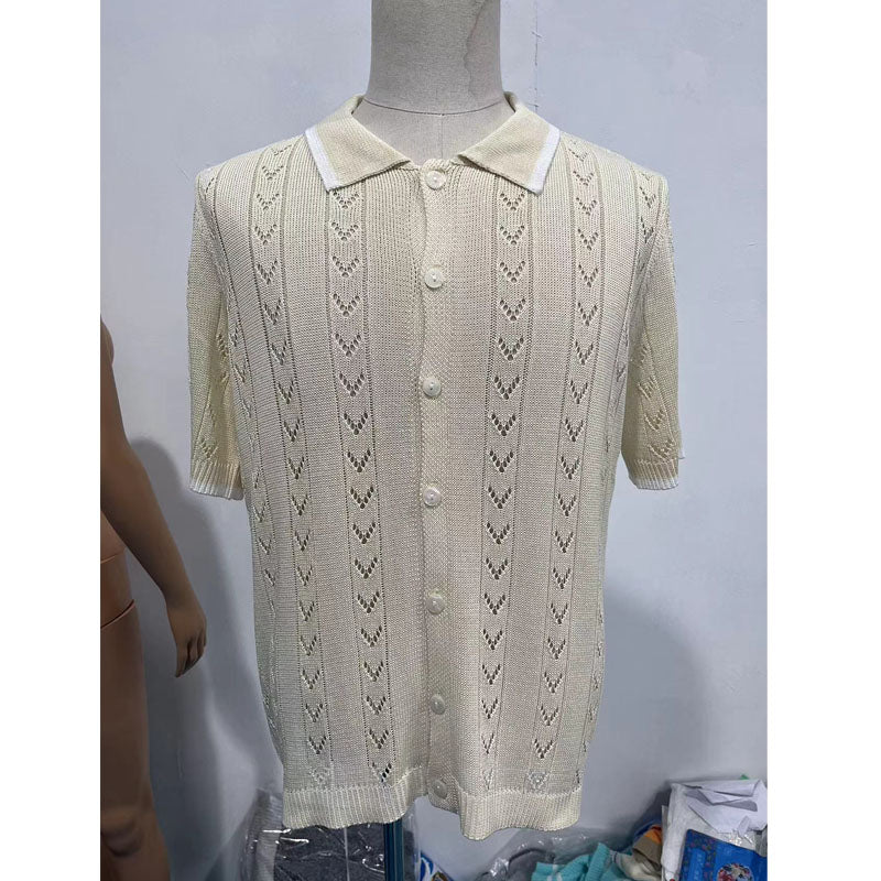 Men's Casual Hollow Breathable Color Block Knitted Short-Sleeved Shirt