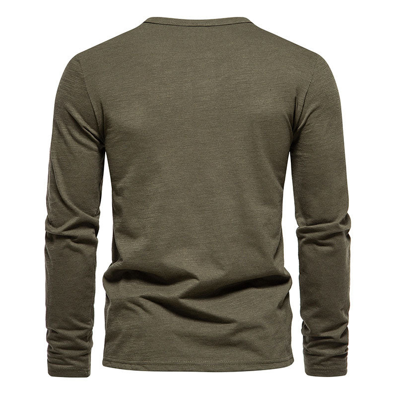 Henley Collar Slub Cotton Long Sleeves Top