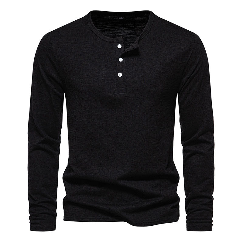 Henley Collar Slub Cotton Long Sleeves Top