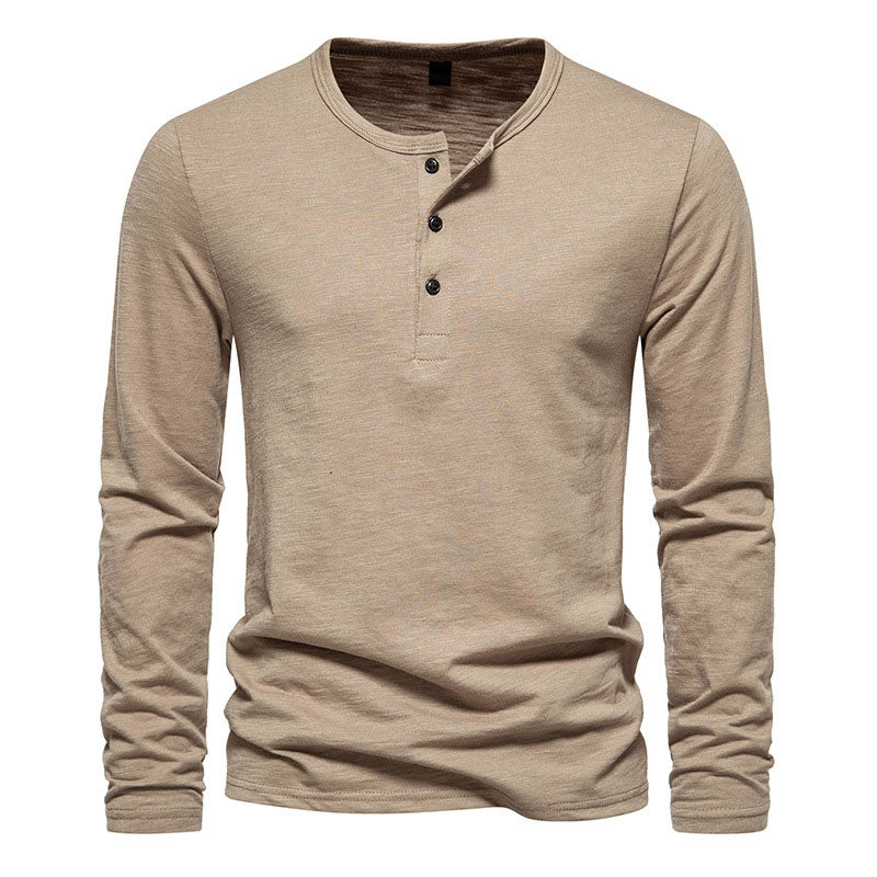 Henley Collar Slub Cotton Long Sleeves Top