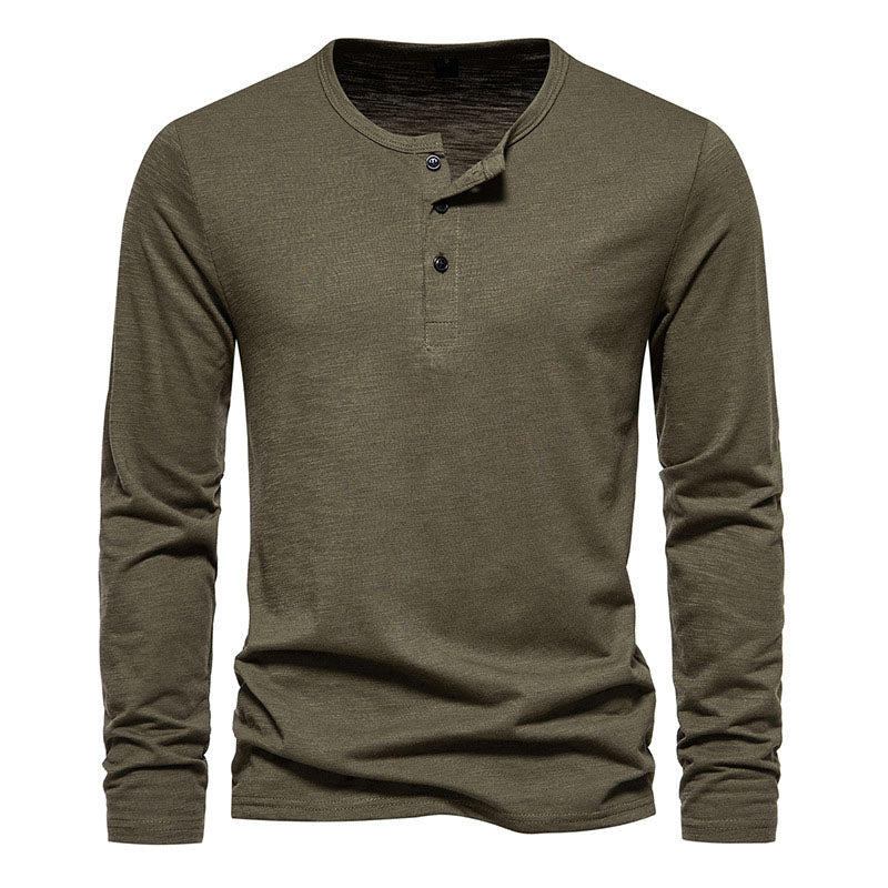 Henley Collar Slub Cotton Long Sleeves Top