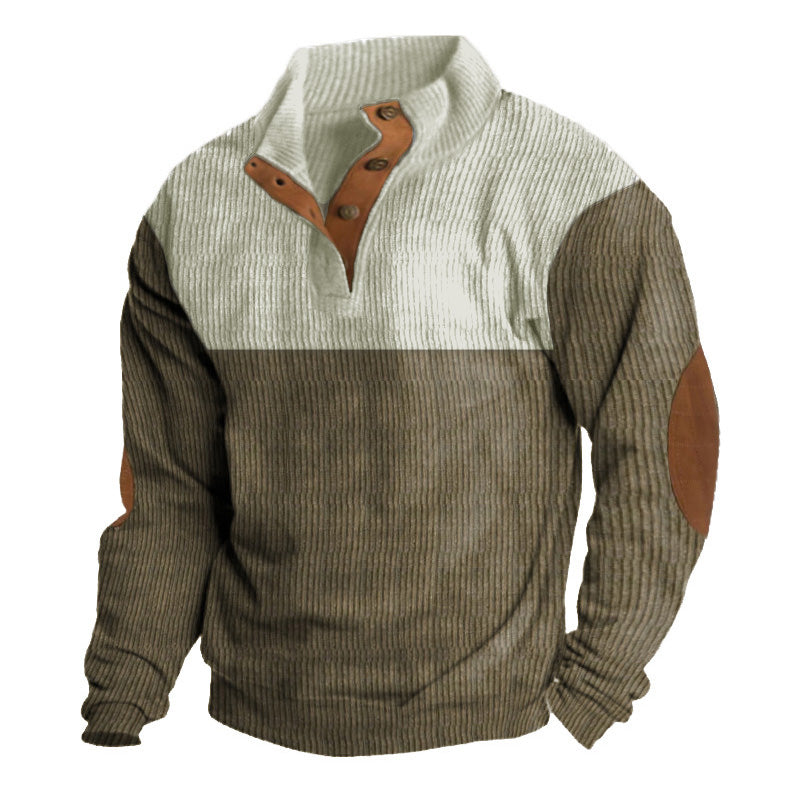 Men Casual 1/4 Button Henley Neck Colorblock Corduroy Sweatshirt