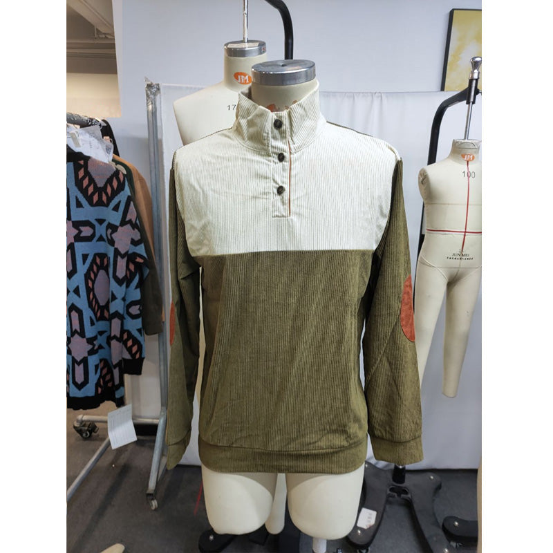 Men Casual 1/4 Button Henley Neck Colorblock Corduroy Sweatshirt