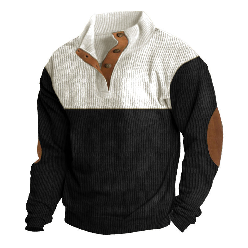 Men Casual 1/4 Button Henley Neck Colorblock Corduroy Sweatshirt