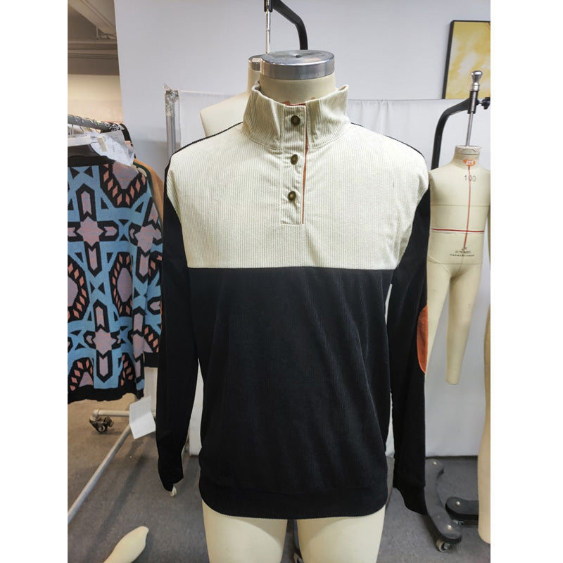 Men Casual 1/4 Button Henley Neck Colorblock Corduroy Sweatshirt