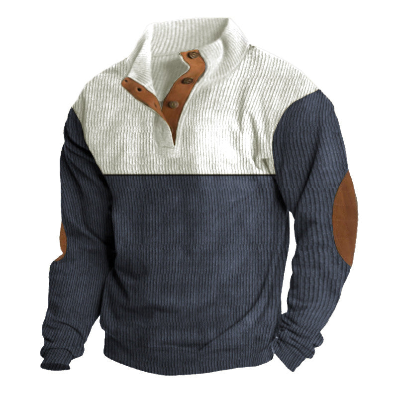 Men Casual 1/4 Button Henley Neck Colorblock Corduroy Sweatshirt
