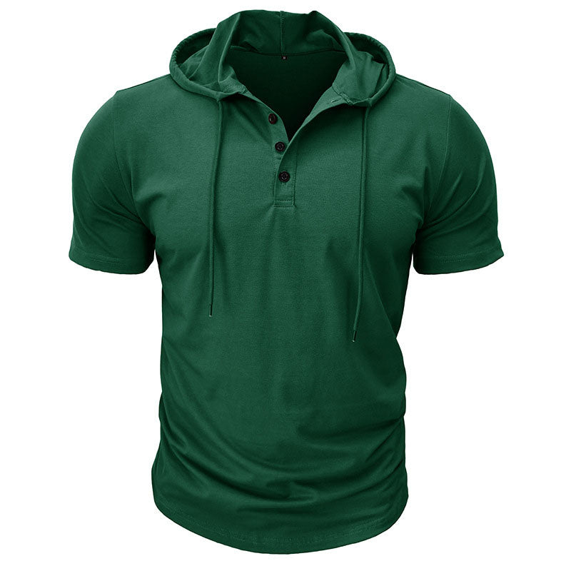 Hooded Henley Button Short Sleeve T-Shirt