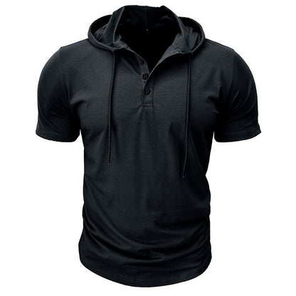 Hooded Henley Button Short Sleeve T-Shirt