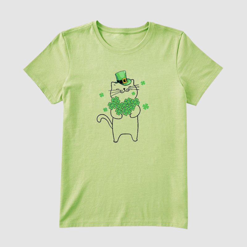 Funny Magical Cat Holding Shamrock Short Sleeve T-Shirt