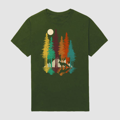 Men Outdoor Vintage Under Tree Fox Short Sleeve T-Shirt