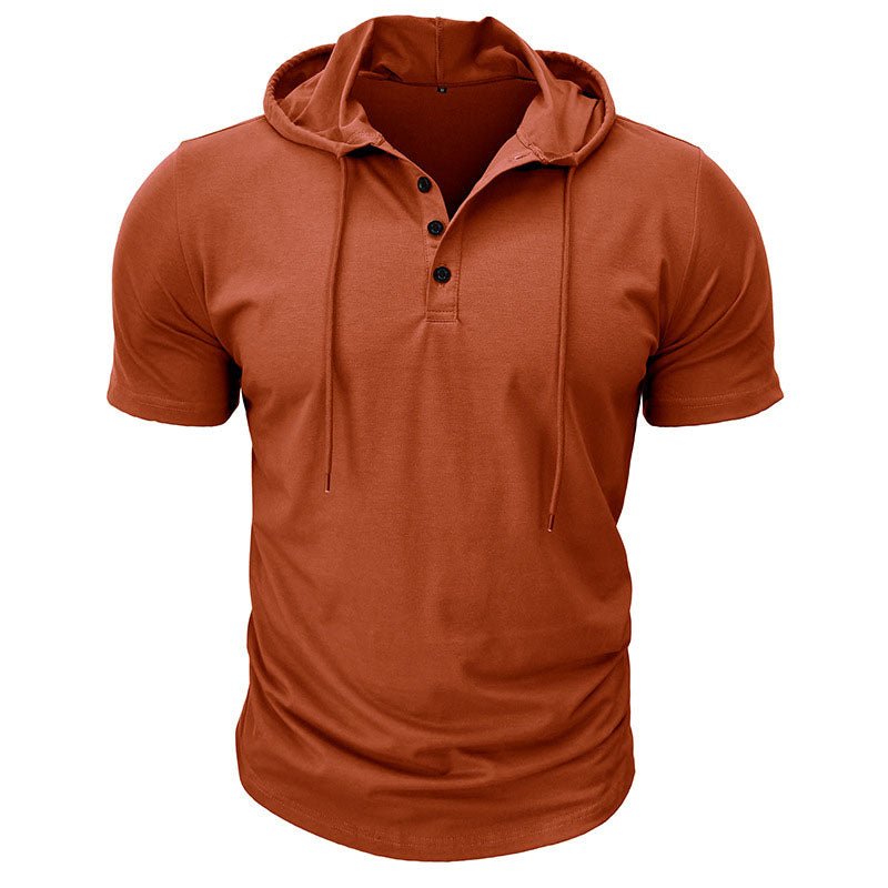 Hooded Henley Button Short Sleeve T-Shirt