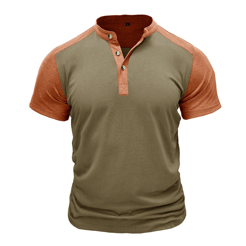 Color Block Henley Button Short Sleeve T-Shirt