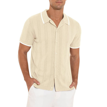 Men's Casual Hollow Breathable Color Block Knitted Short-Sleeved Shirt