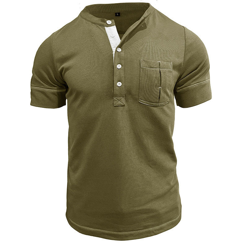 Men's Vintage Cotton Henley Patch Pocket Short Sleeve T-Shirt Top