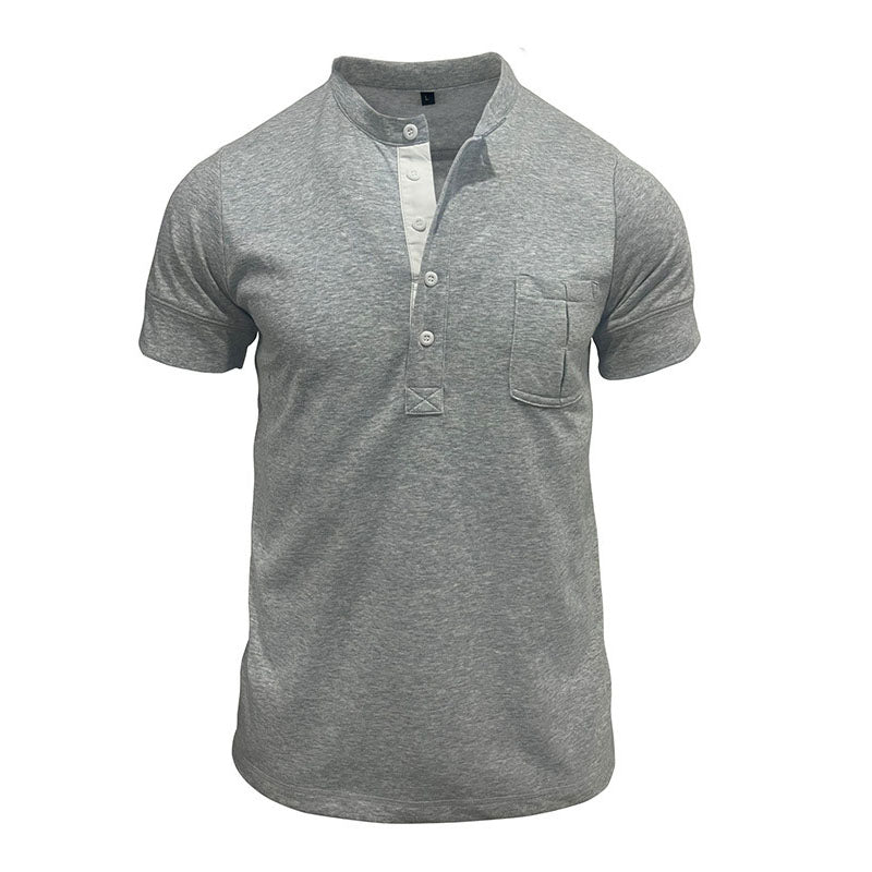 Men's Vintage Cotton Henley Patch Pocket Short Sleeve T-Shirt Top