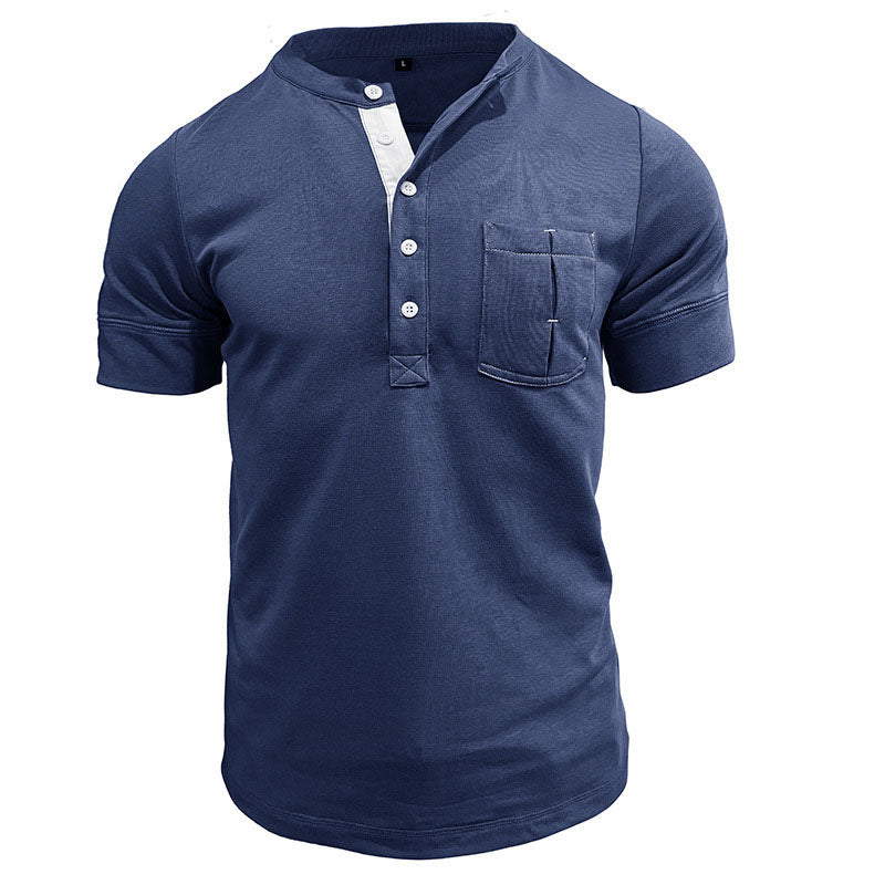 Men's Vintage Cotton Henley Patch Pocket Short Sleeve T-Shirt Top