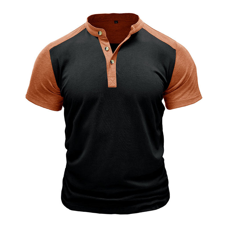 Color Block Henley Button Short Sleeve T-Shirt