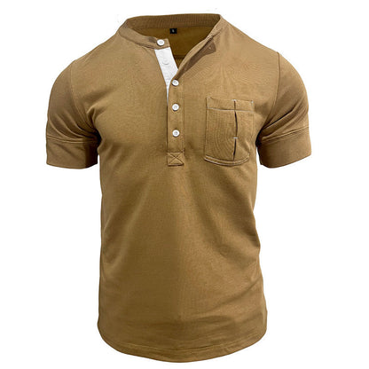 Men's Vintage Cotton Henley Patch Pocket Short Sleeve T-Shirt Top