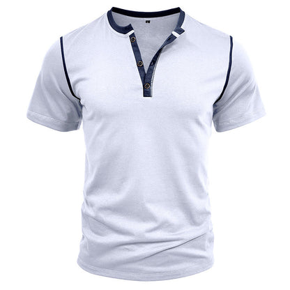Men's Henley Collar Topstitched Button Short Sleeve T-Shirt