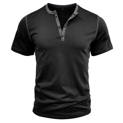 Men's Henley Collar Topstitched Button Short Sleeve T-Shirt