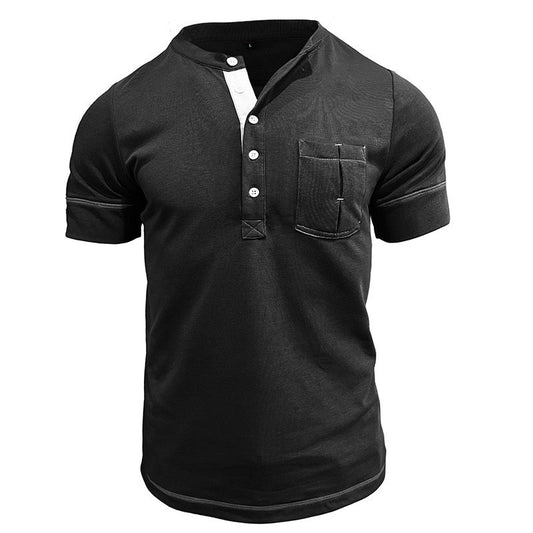 Men's Vintage Cotton Henley Patch Pocket Short Sleeve T-Shirt Top