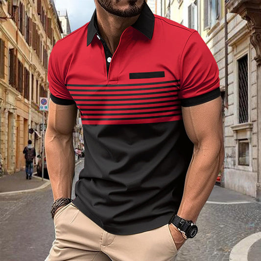 Men's Casual Printed Striped Polo Top T-Shirt