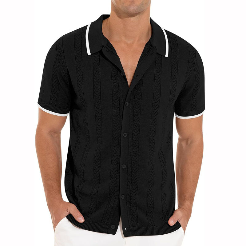 Men's Casual Hollow Breathable Color Block Knitted Short-Sleeved Shirt