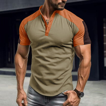 Color Block Henley Button Short Sleeve T-Shirt