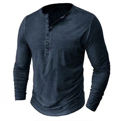  Distressed Henley Collar Button-Down Long Sleeve Top