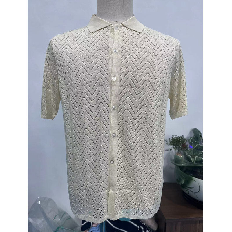 Men's Summer Casual Hollow Breathable Knitted Short-Sleeved Shirt