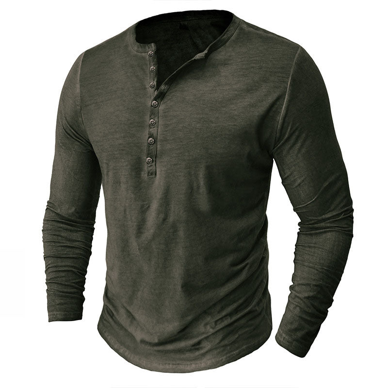  Distressed Henley Collar Button-Down Long Sleeve Top