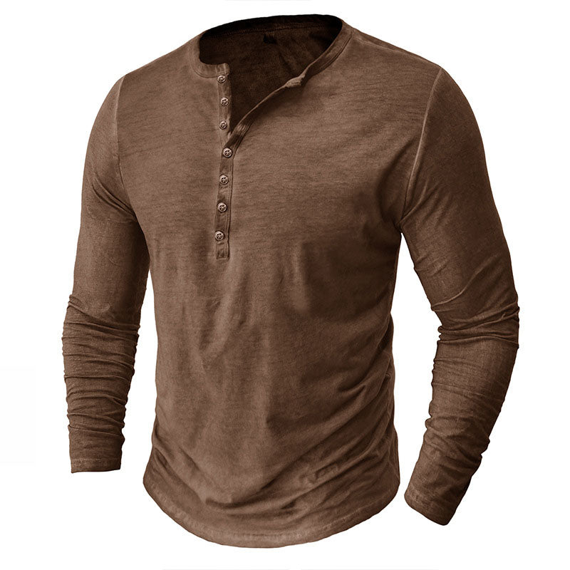  Distressed Henley Collar Button-Down Long Sleeve Top