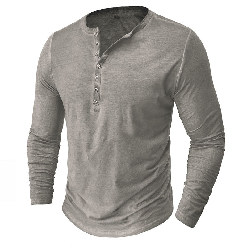  Distressed Henley Collar Button-Down Long Sleeve Top