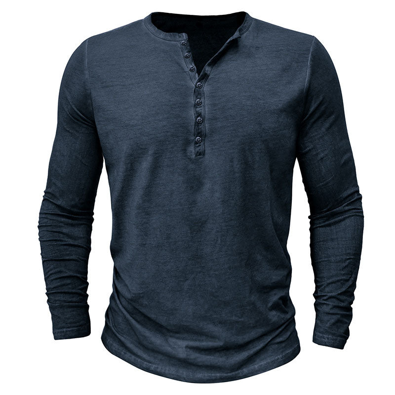  Distressed Henley Collar Button-Down Long Sleeve Top