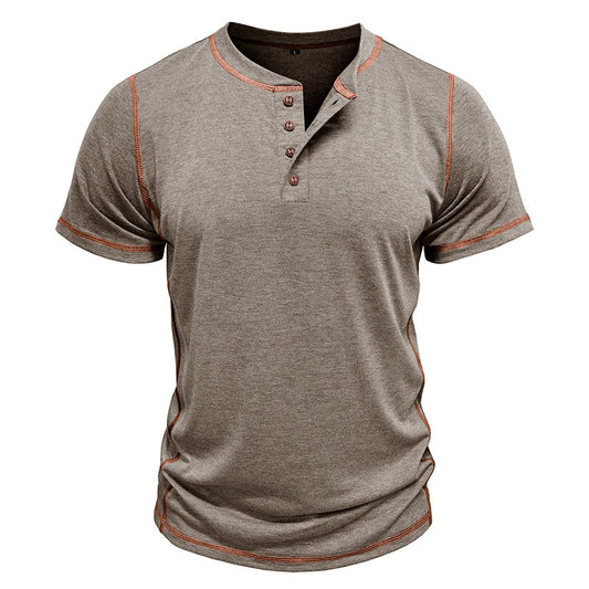 Men's Vintage Cotton Henley Color Block Short Sleeve T-Shirt Top