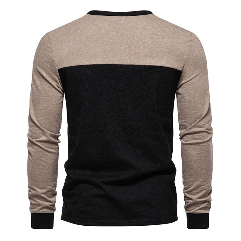 Henley  Slub Cotton Splicing Long Sleeve Top