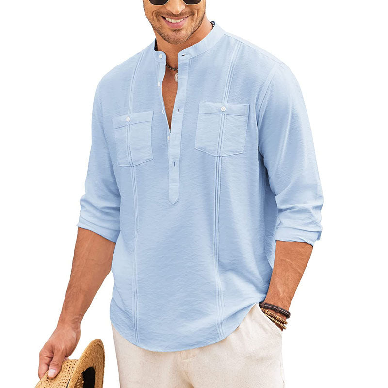Casual Cotton and Linen Henley Button Sleeve Shirt