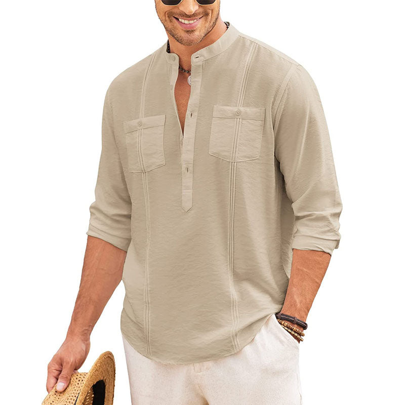 Casual Cotton and Linen Henley Button Sleeve Shirt