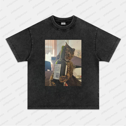 CAT DRINKING RED WINE TEE
